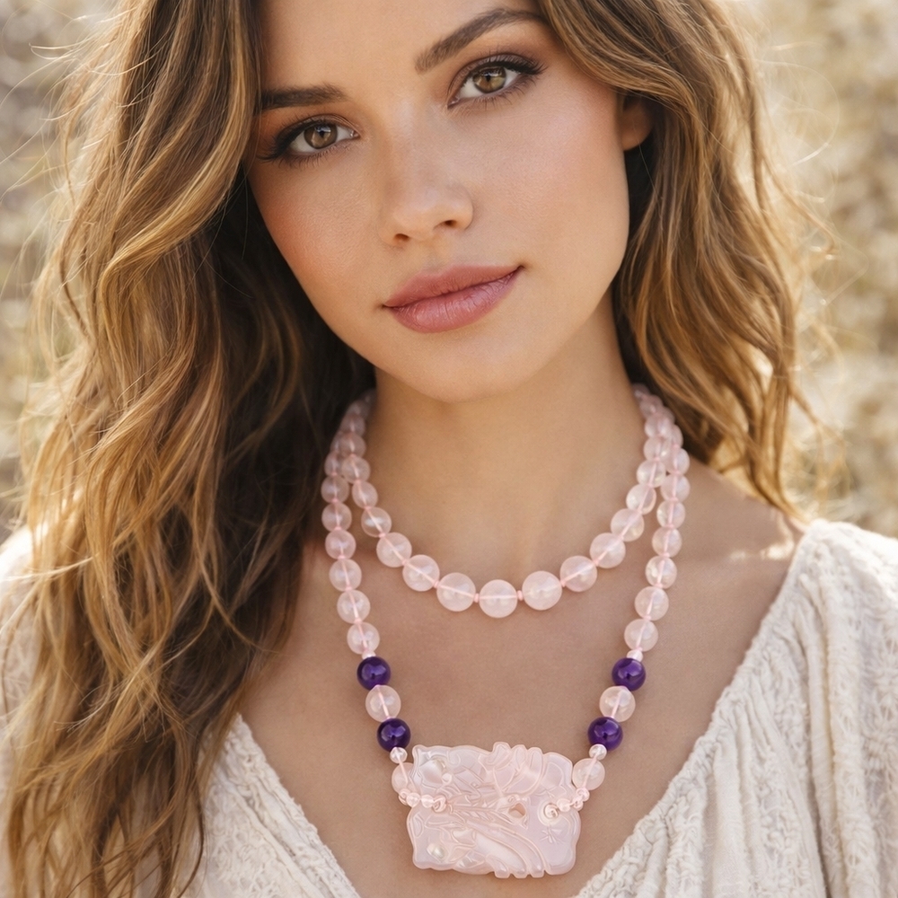 Vintage Asian Rose Quartz Carved Dragon Pendant Amethyst Beads necklace‎